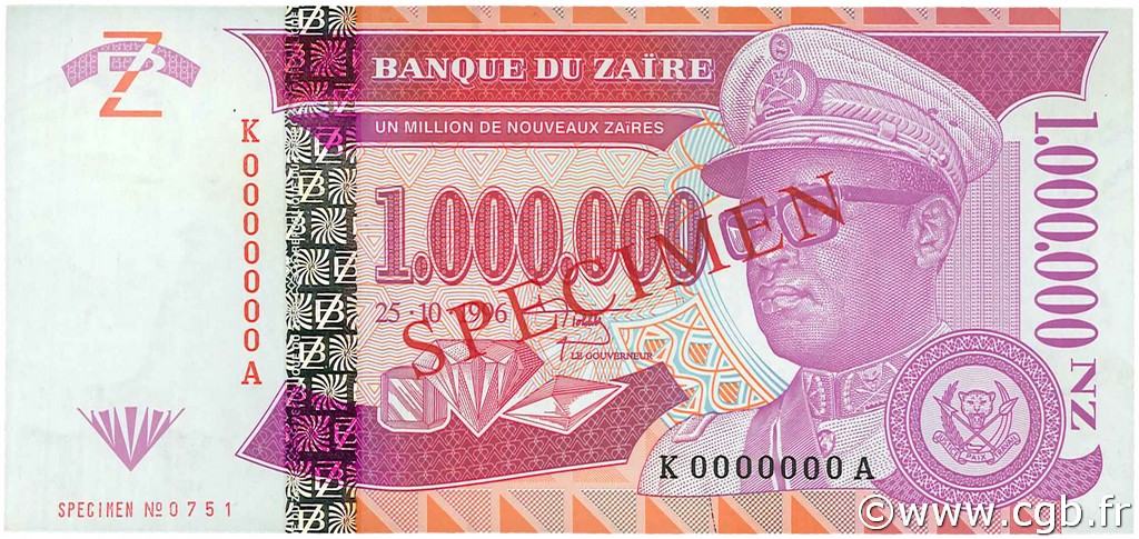 1000000 Nouveaux Zaïres Spécimen ZAIRE  1996 P.79s q.FDC