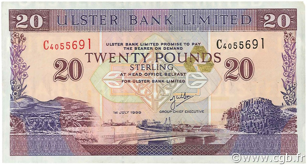 20 Pounds NORTHERN IRELAND  1999 P.337b VF