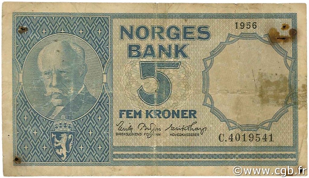 5 Kroner NORVÈGE  1956 P.30a VG
