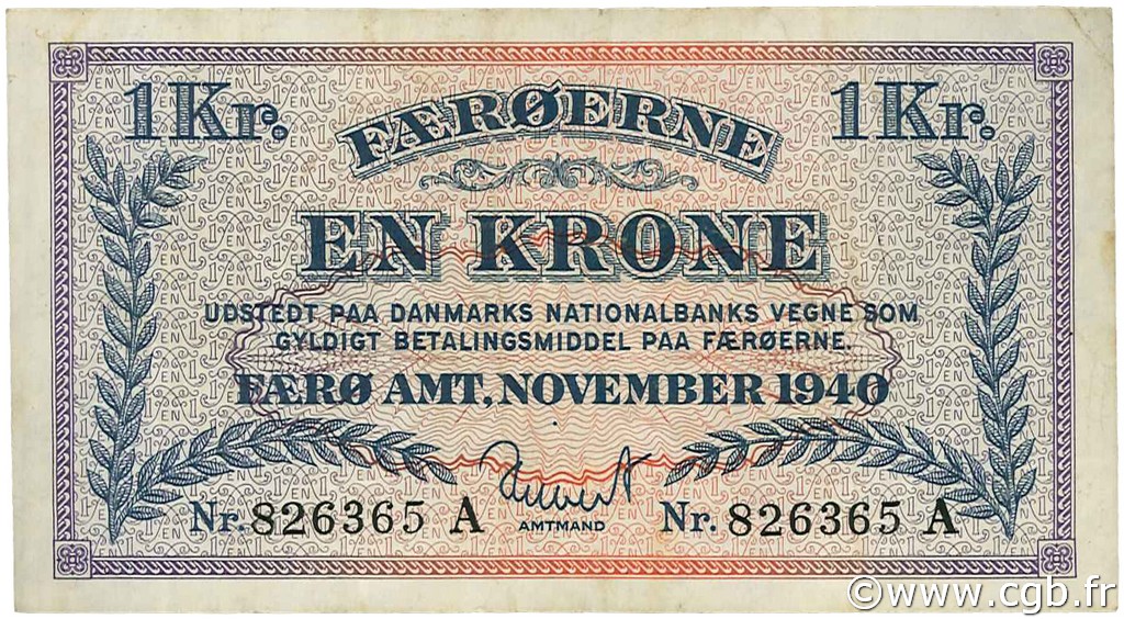 1 Krone FAEROE ISLANDS  1940 P.09 VF