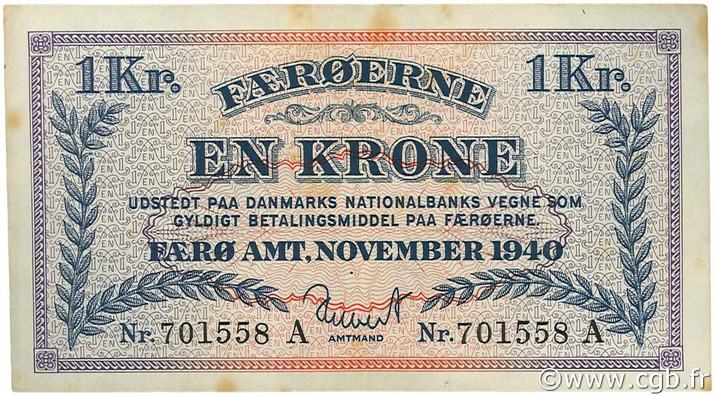1 Krone FAEROE ISLANDS  1940 P.09 VF+