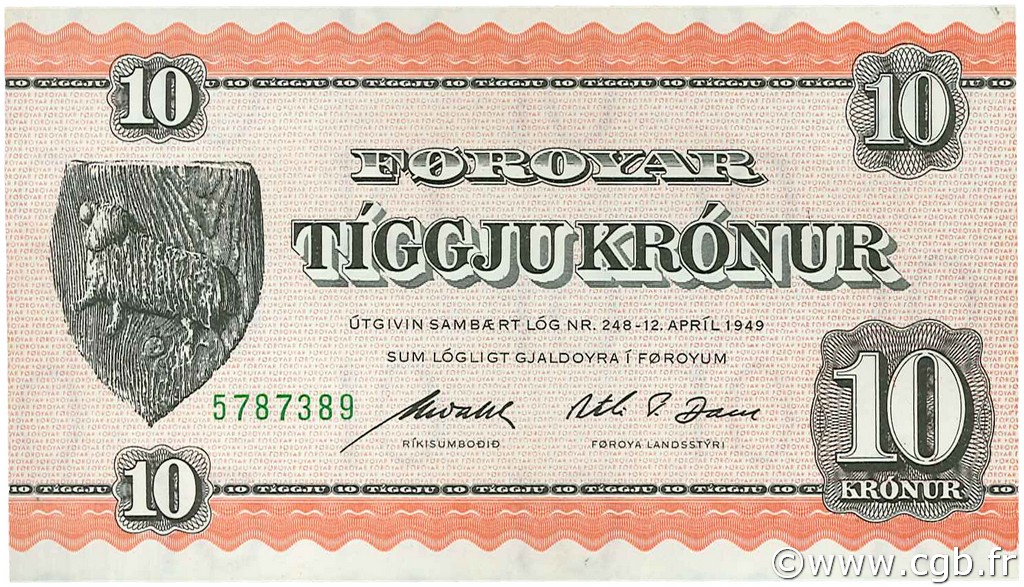 10 Kroner ISOLE FAROER  1954 P.14d q.AU