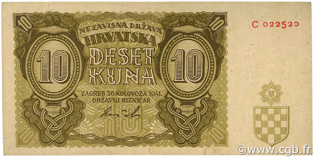 10 Kuna CROATIA  1941 P.05a VF+