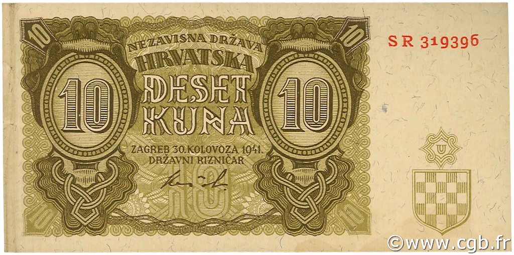 10 Kuna CROATIA  1941 P.05b XF