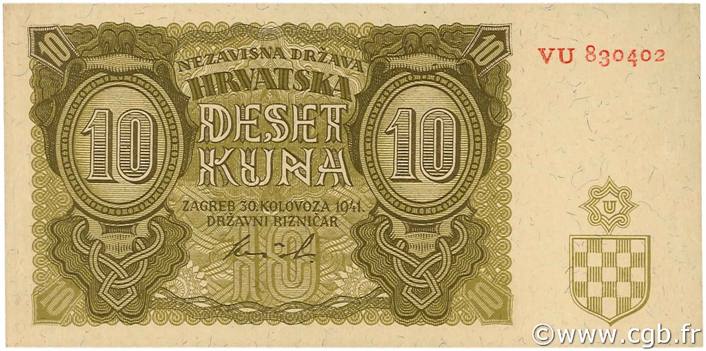 10 Kuna CROATIA  1941 P.05b UNC