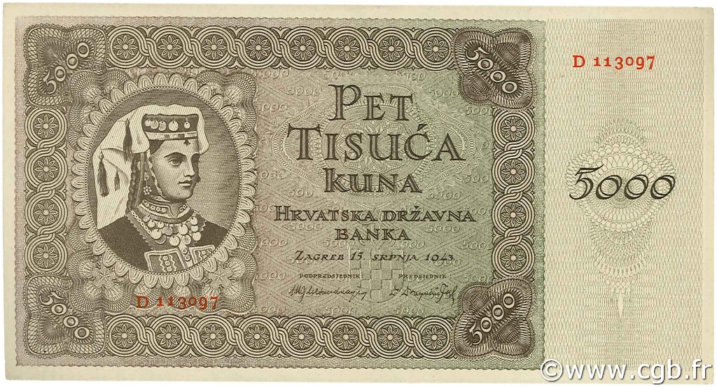 5000 Kuna CROATIA  1943 P.14 AU