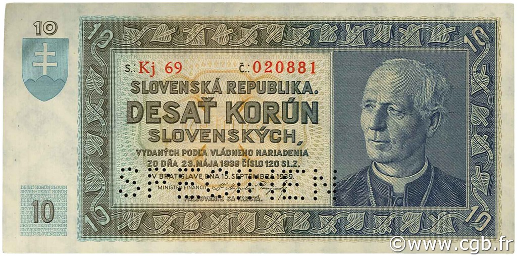 10 Korun Spécimen SLOVAKIA  1939 P.04s XF