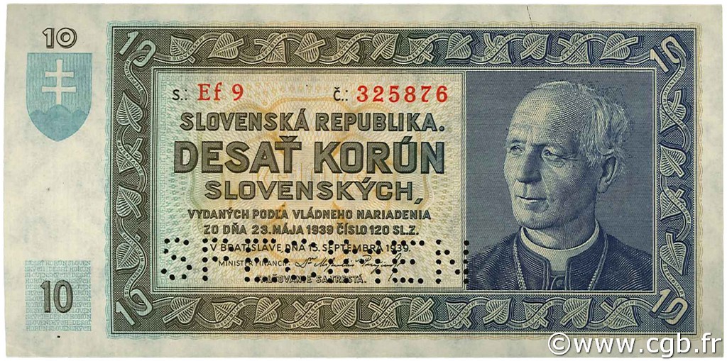 10 Korun Spécimen SLOVACCHIA  1939 P.04s q.FDC