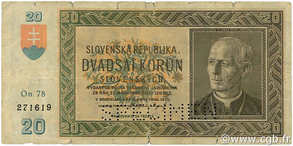 20 Korun Spécimen SLOWAKEI  1939 P.05s SGE