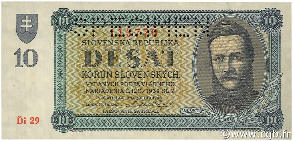 10 Korun Spécimen SLOVAKIA  1943 P.06s UNC-
