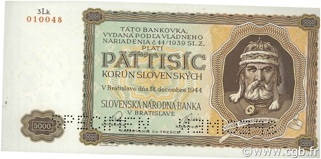 5000 Korun Spécimen SLOVACCHIA  1944 P.14s AU