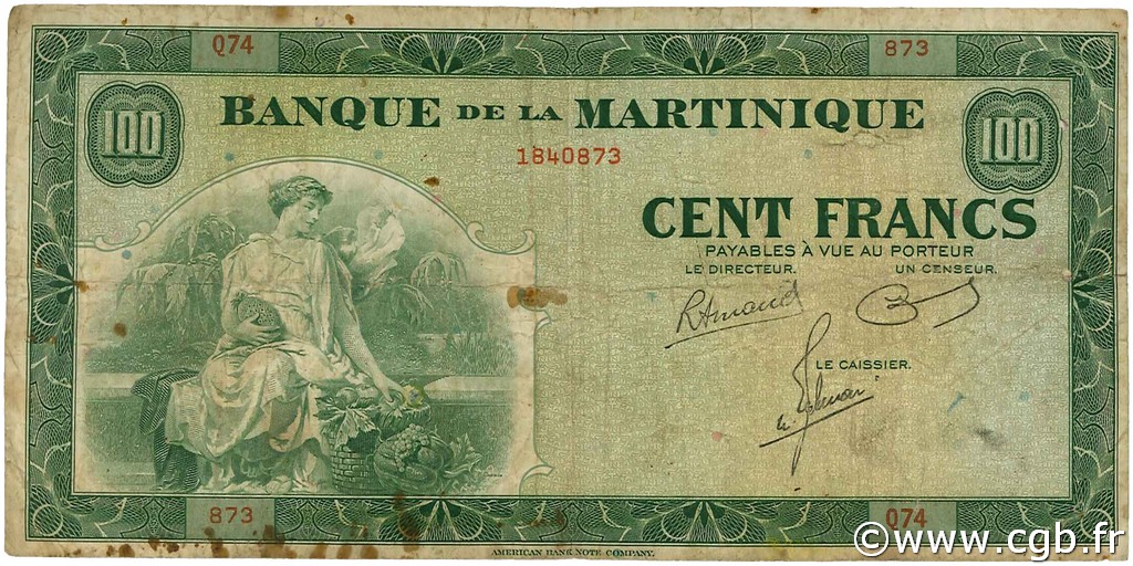 100 Francs MARTINIQUE  1945 P.19a q.MB