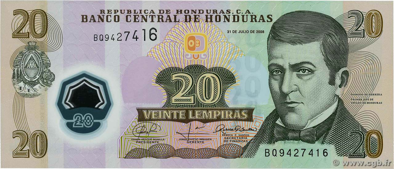 20 Lempiras HONDURAS  2008 P.095 UNC