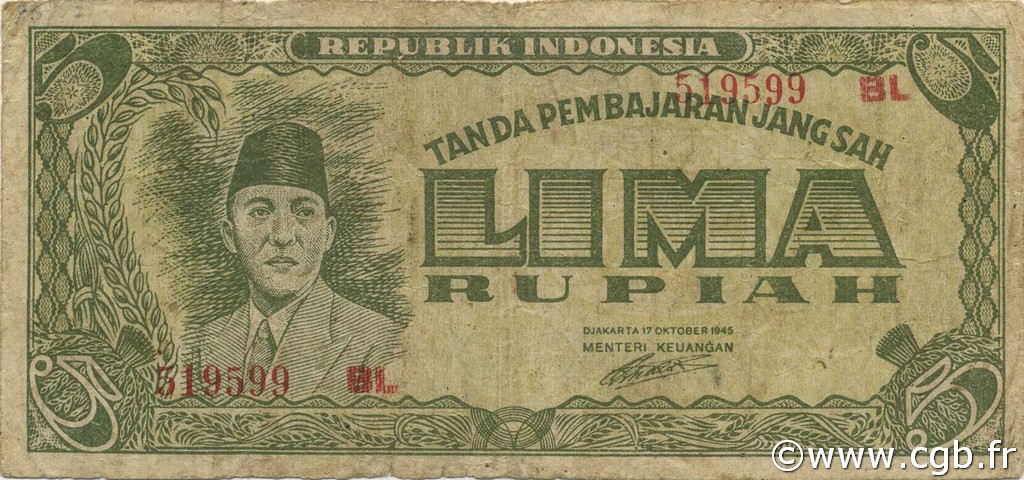 5 Rupiah INDONÉSIE  1945 P.018 TB