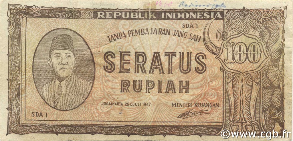 100 Rupiah INDONESIA  1947 P.029 BC+