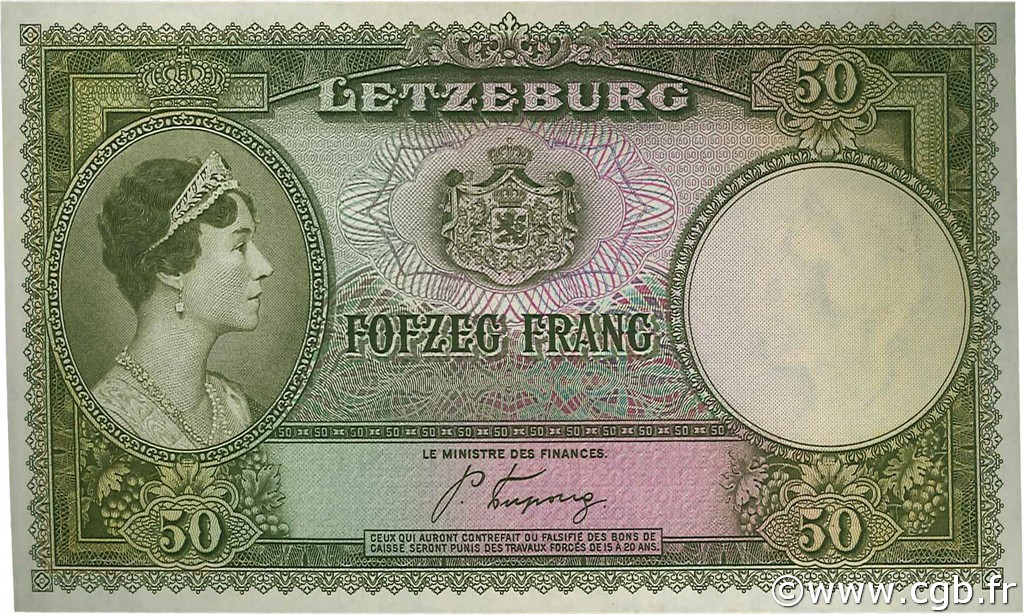 50 Francs LUSSEMBURGO  1944 P.46a q.FDC