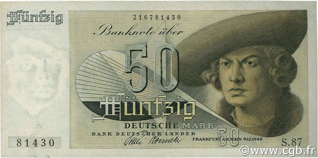 50 Deutsche Mark GERMAN FEDERAL REPUBLIC  1948 P.14a MBC+