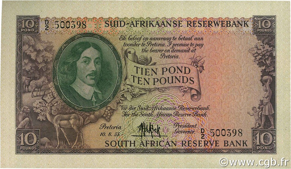 10 Pounds SOUTH AFRICA  1953 P.099 XF+