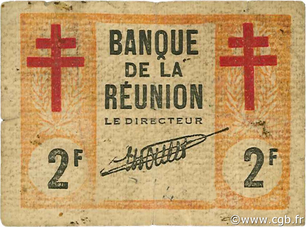 2 Francs Croix de Lorraine ISLA DE LA REUNIóN  1943 P.35 BC