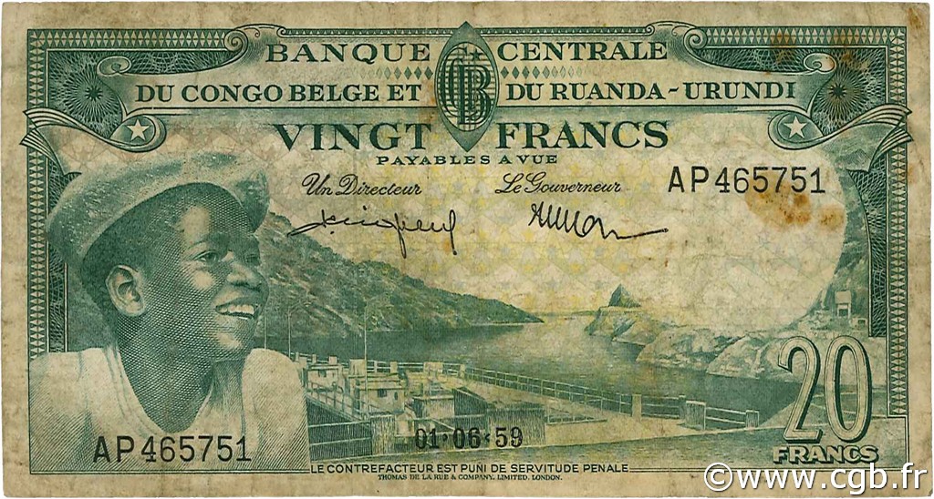 20 Francs CONGO BELGA  1959 P.31 MB