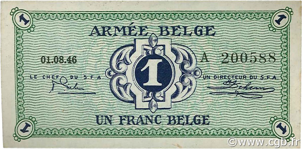 1 Franc BELGIUM  1946 P.M1a AU
