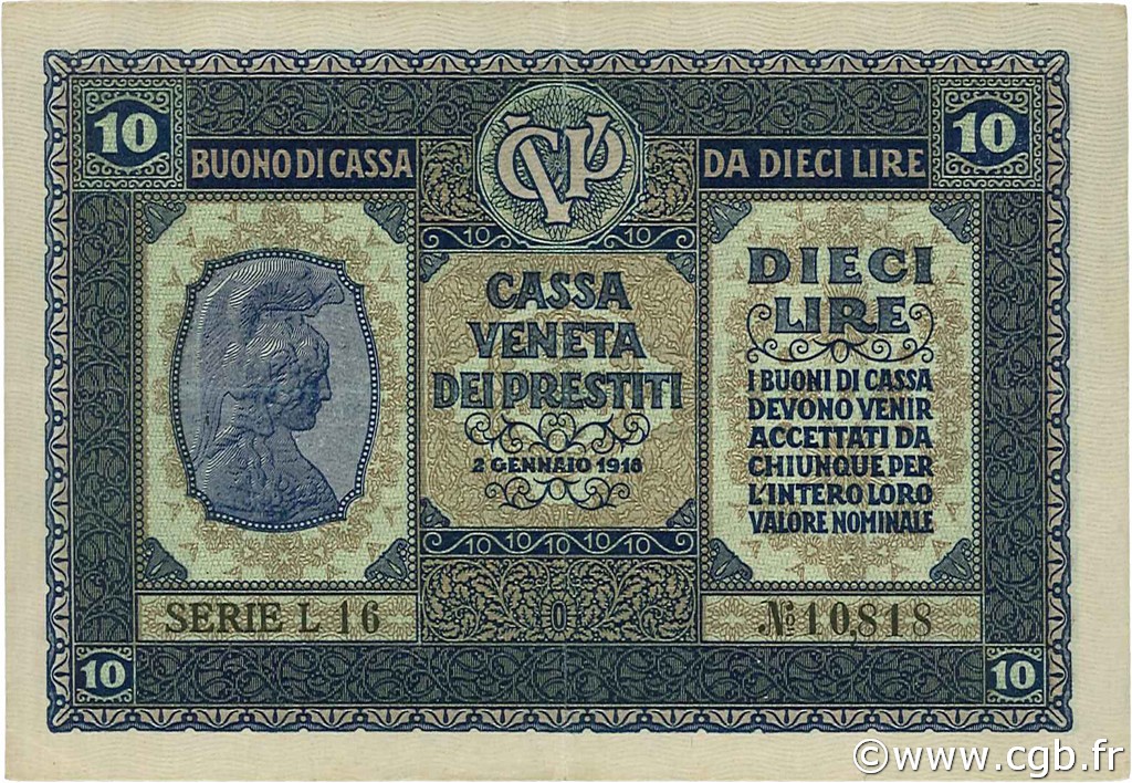 10 Lire ITALY  1918 PM.06 XF+