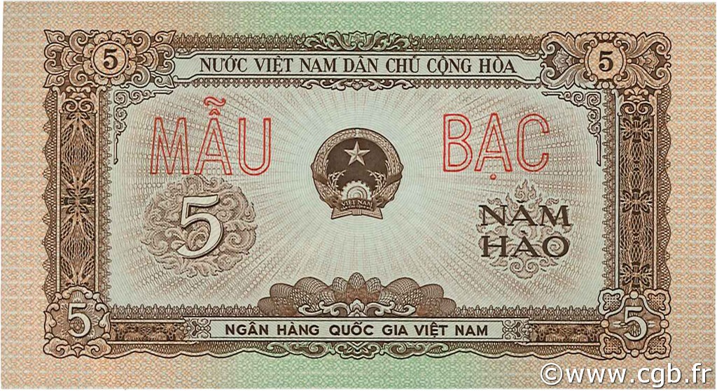 5 Hao Spécimen VIET NAM  1958 P.070s UNC