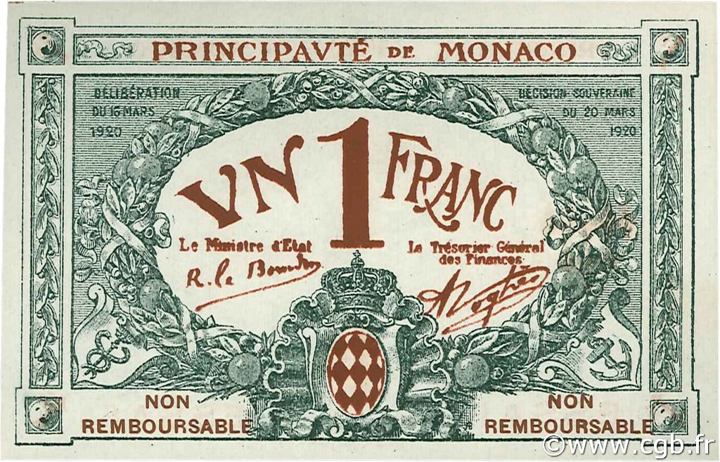 1 Franc Essai MONACO  1920 P.05e FDC