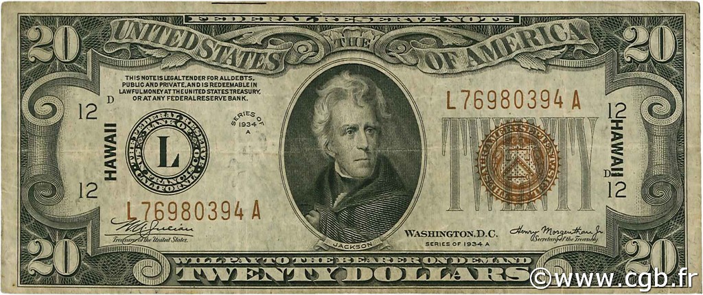 20 Dollars HAWAII  1934 P.41 fSS