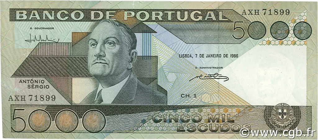 5000 Escudos PORTUGAL  1986 P.182e AU