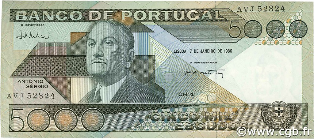 5000 Escudos PORTUGAL  1986 P.182e UNC