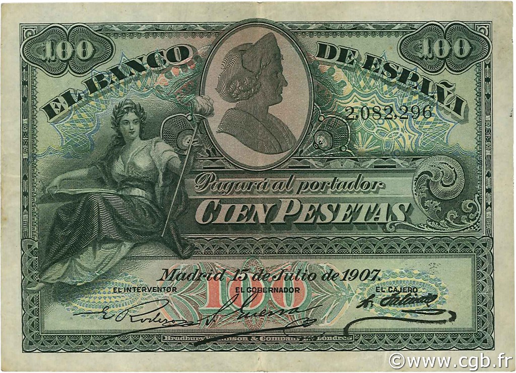 100 Pesetas SPAIN  1907 P.064a VF+