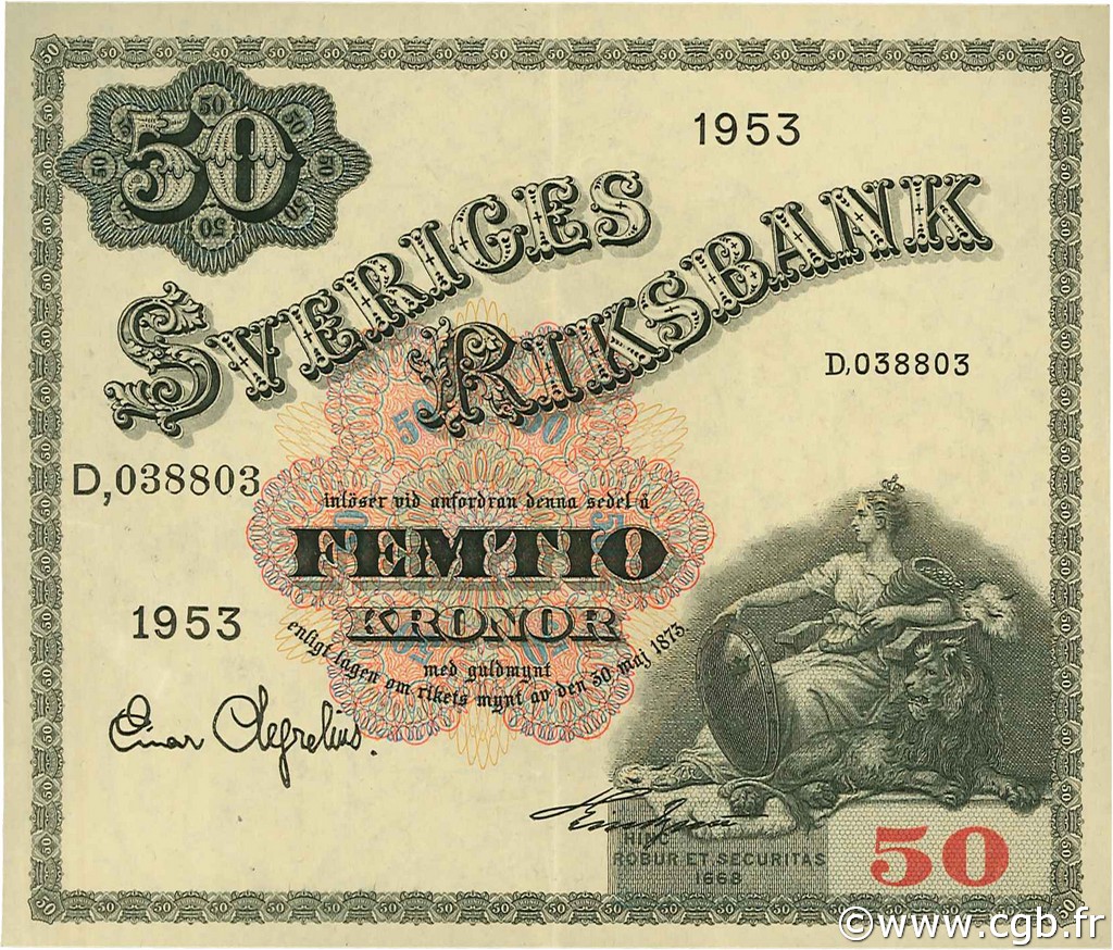 50 Kronor SWEDEN  1953 P.35af AU