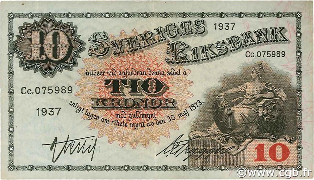 10 Kronor SUÈDE  1937 P.34t MBC+