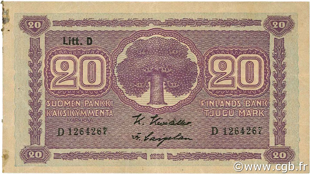 20 Markkaa FINLAND  1939 P.071a VF