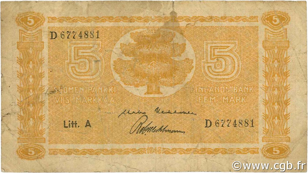 5 Markkaa FINNLAND  1945 P.076 S