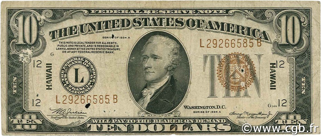 10 Dollars HAWAII  1934 P.40a MB