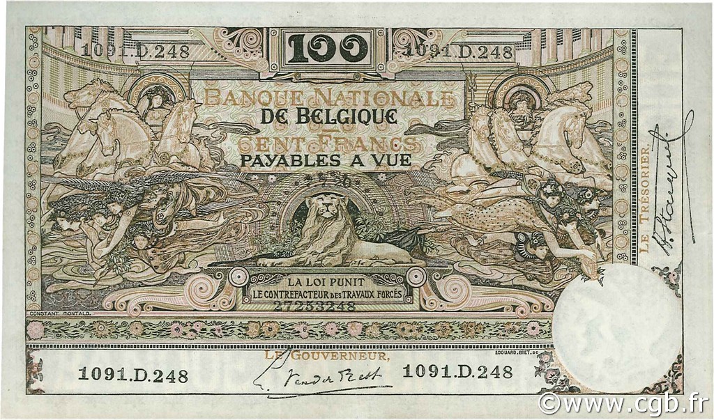 100 Francs BELGIUM  1920 P.078 XF-