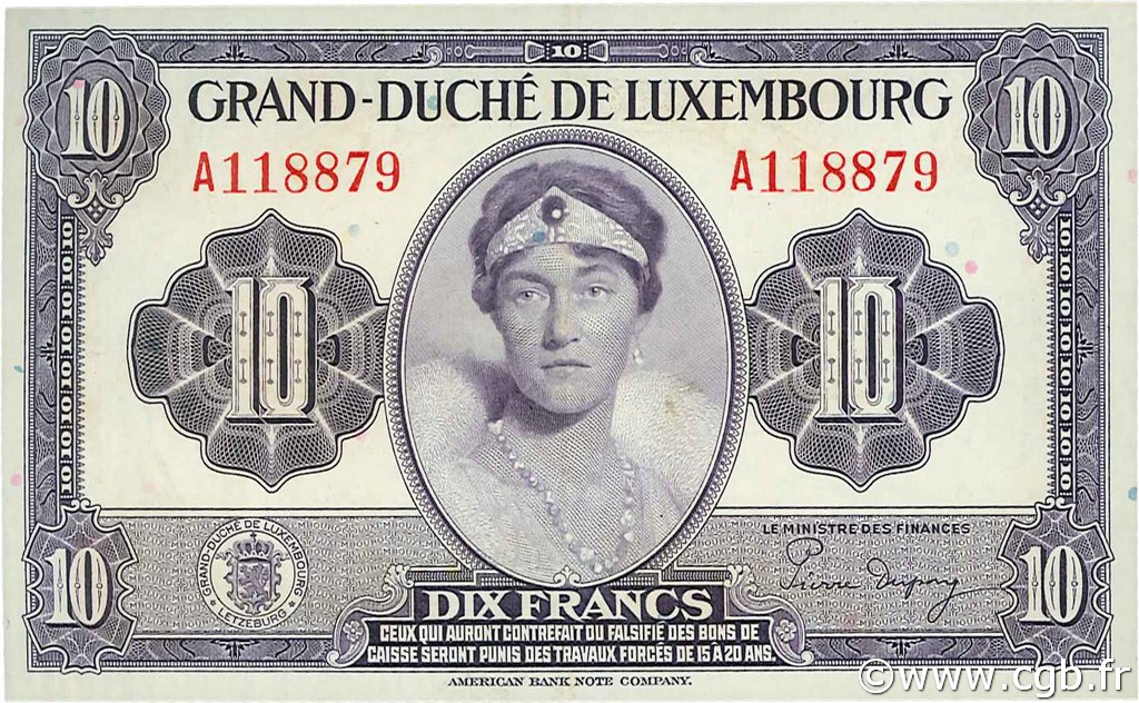 10 Francs LUXEMBOURG  1944 P.44 SPL