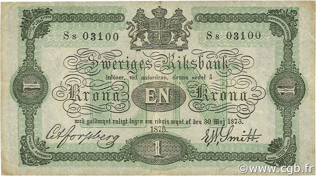 1 Krona SUÈDE  1875 P.01b MBC+