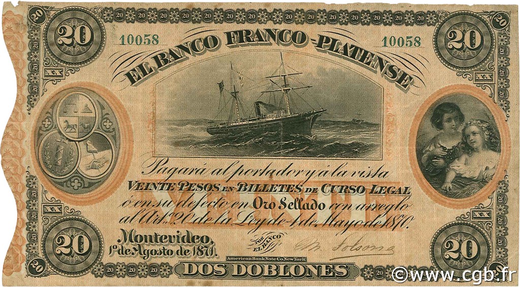 20 Pesos URUGUAY  1871 PS.173a VZ