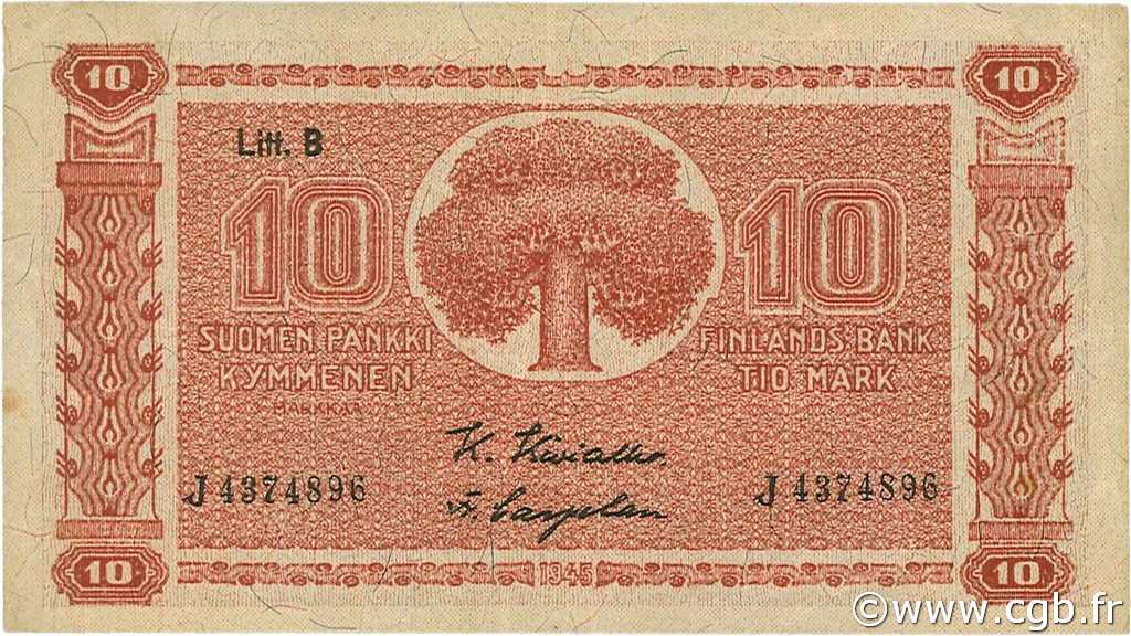 10 Markkaa FINLANDIA  1945 P.085 MBC+