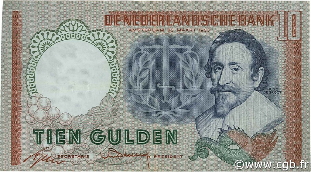 10 Gulden NETHERLANDS  1953 P.085 VF+