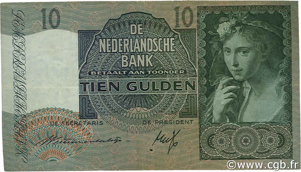 10 Gulden NETHERLANDS  1942 P.056a VF
