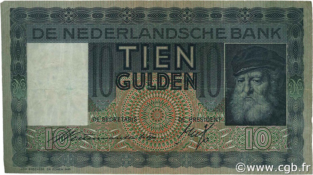 10 Gulden NETHERLANDS  1934 P.049 VF