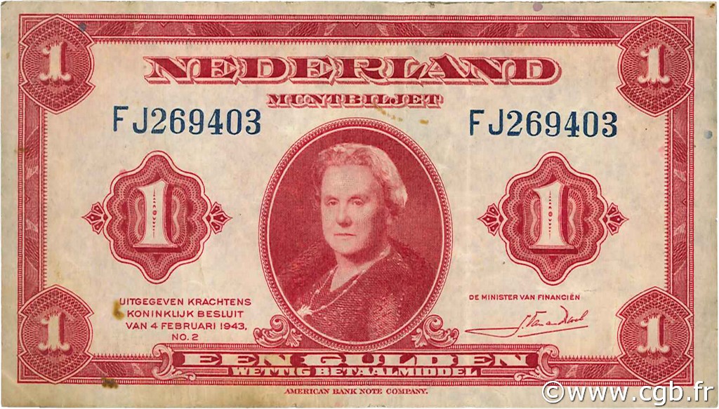 1 Gulden NETHERLANDS  1943 P.064 F+