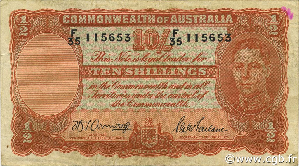 10 Shillings AUSTRALIA  1942 P.25b F