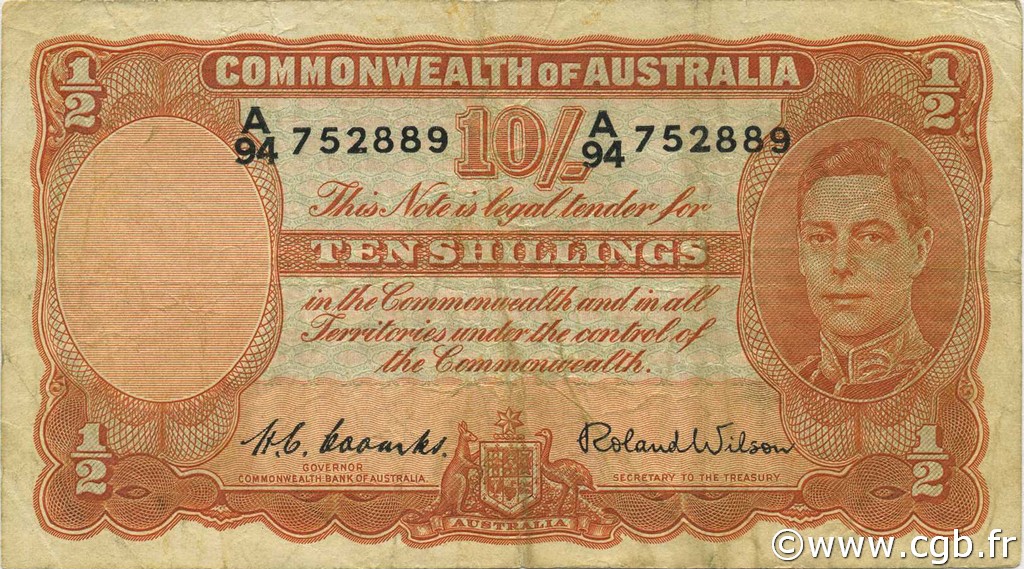10 Shillings AUSTRALIA  1952 P.25d VF
