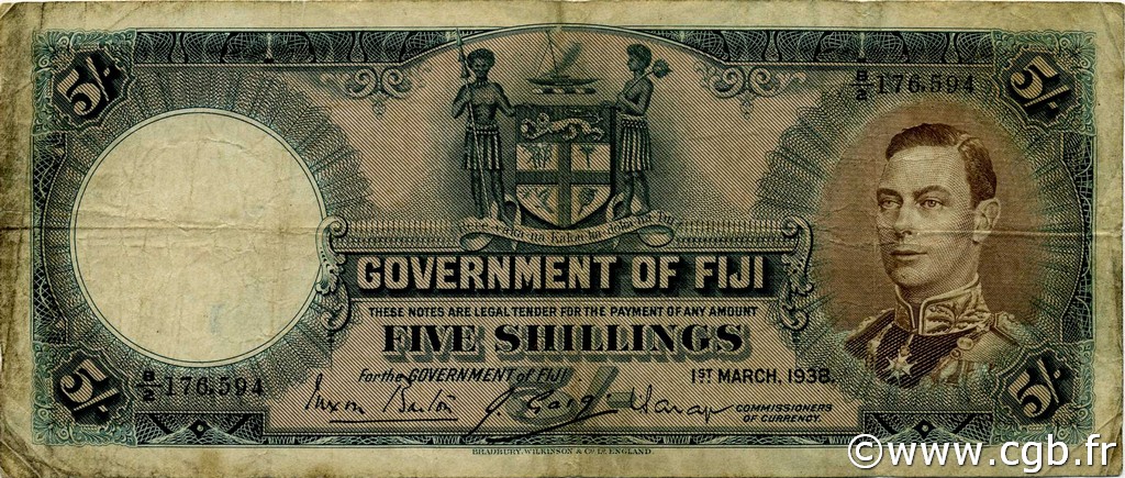 5 Shillings FIDSCHIINSELN  1938 P.037b S