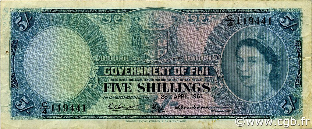 5 Shillings FIYI  1961 P.051b BC+